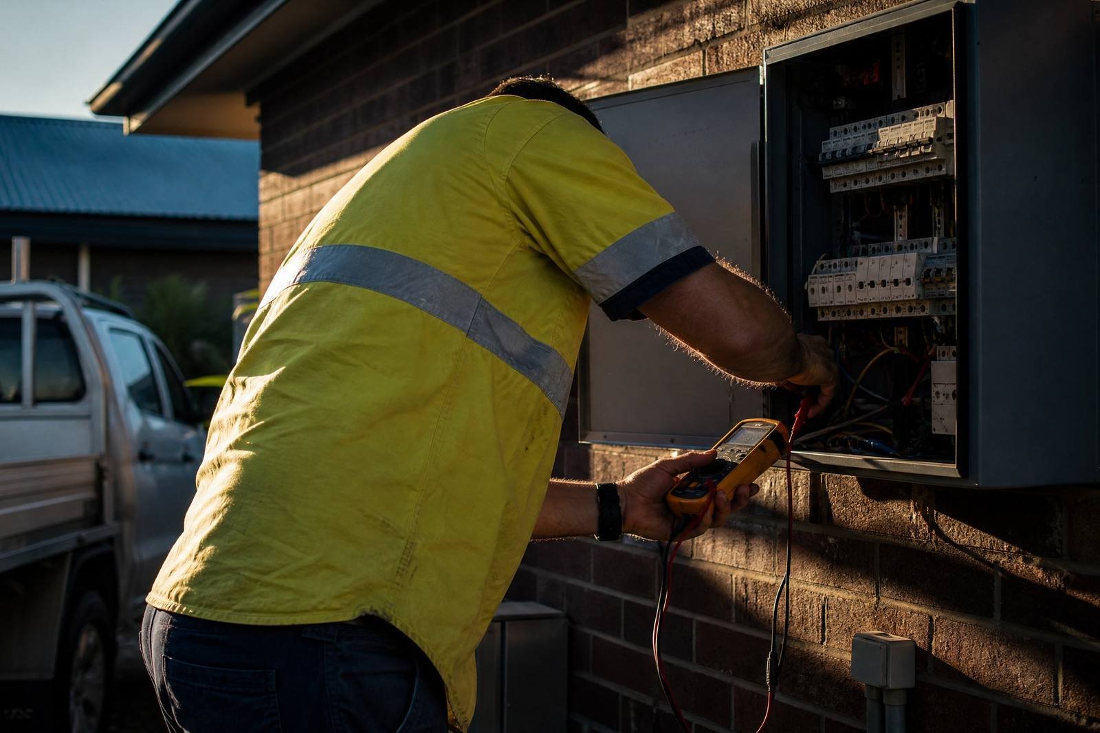 An electrician testing inside an open meter box on a brick wall, work ute behind