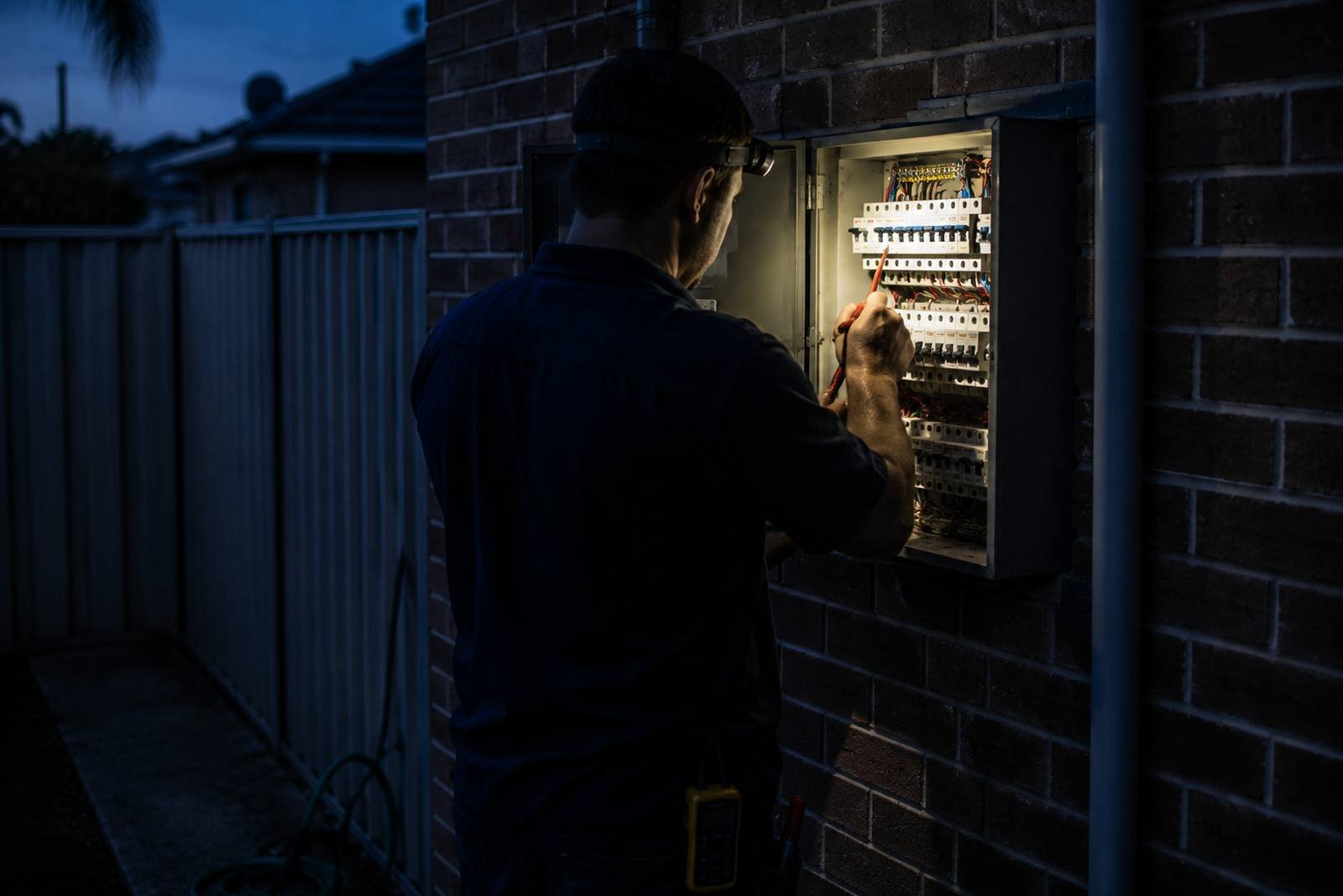 An electrician working by head torch inside an open external meter box on a brick wall at dusk
