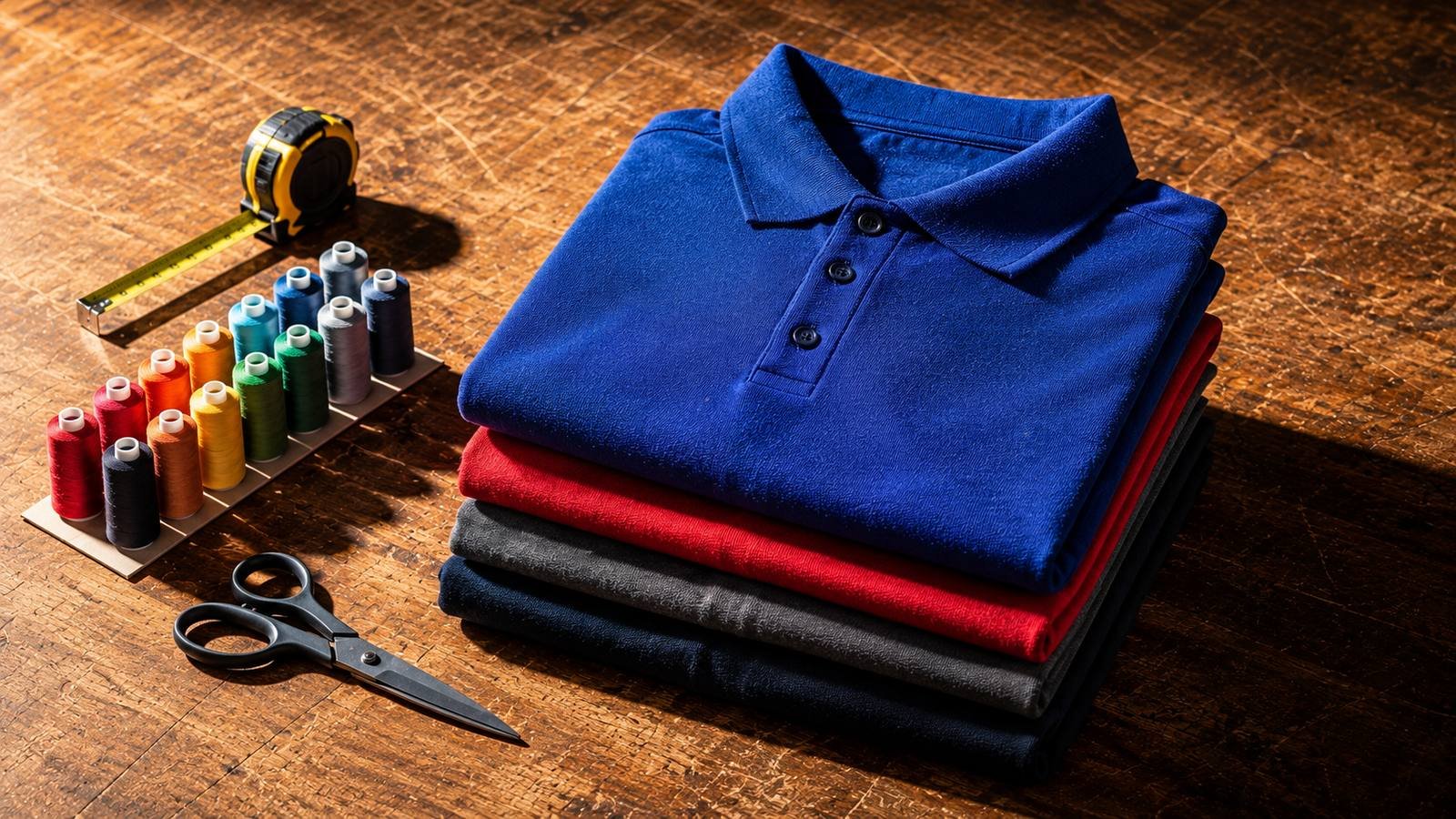 A stack of folded work polos on a timber workbench beside a card of thread cones, chest left plain before any branding goes on it