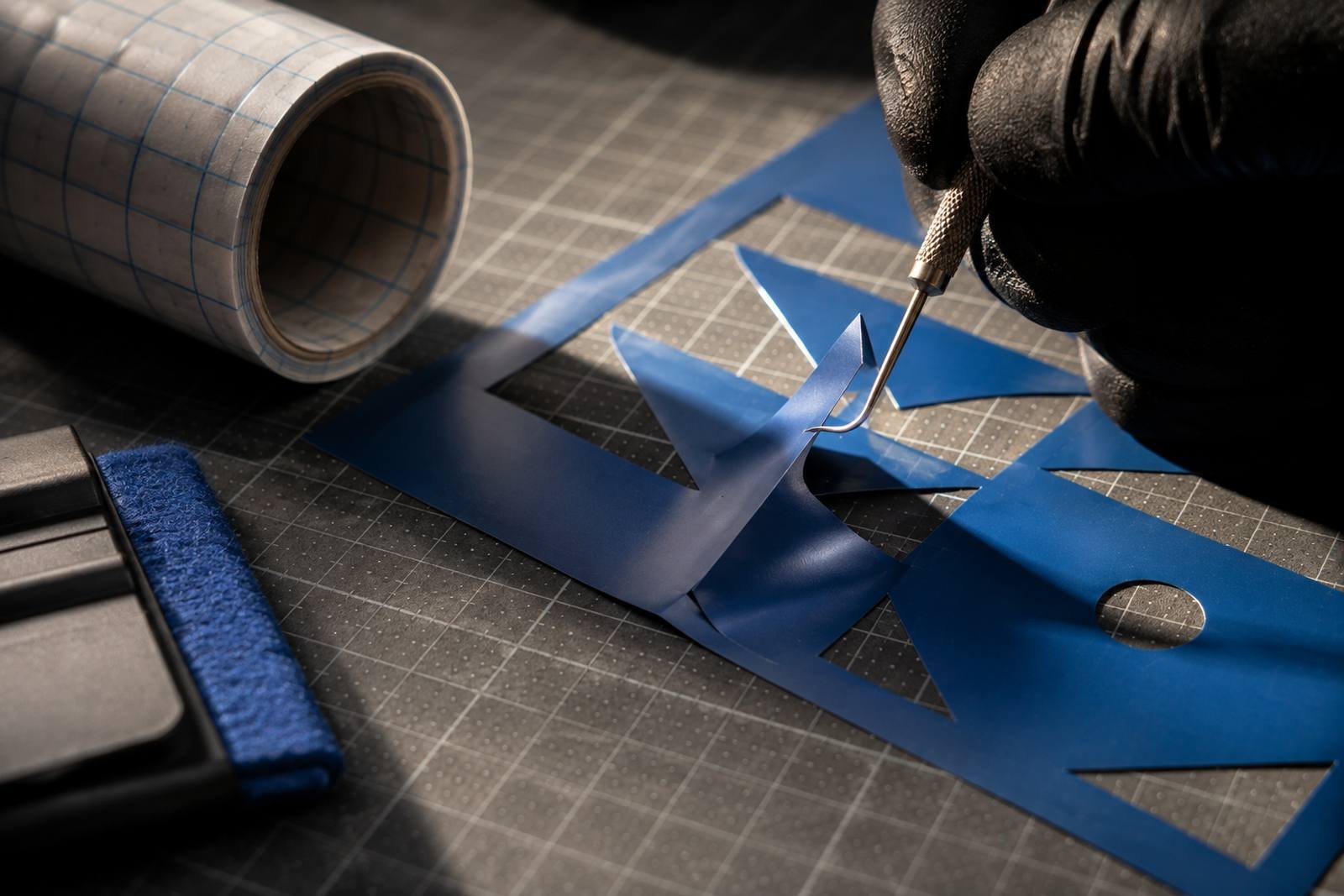 Excess cut vinyl being weeded from a sheet on a cutting mat with a pick tool, abstract shapes only