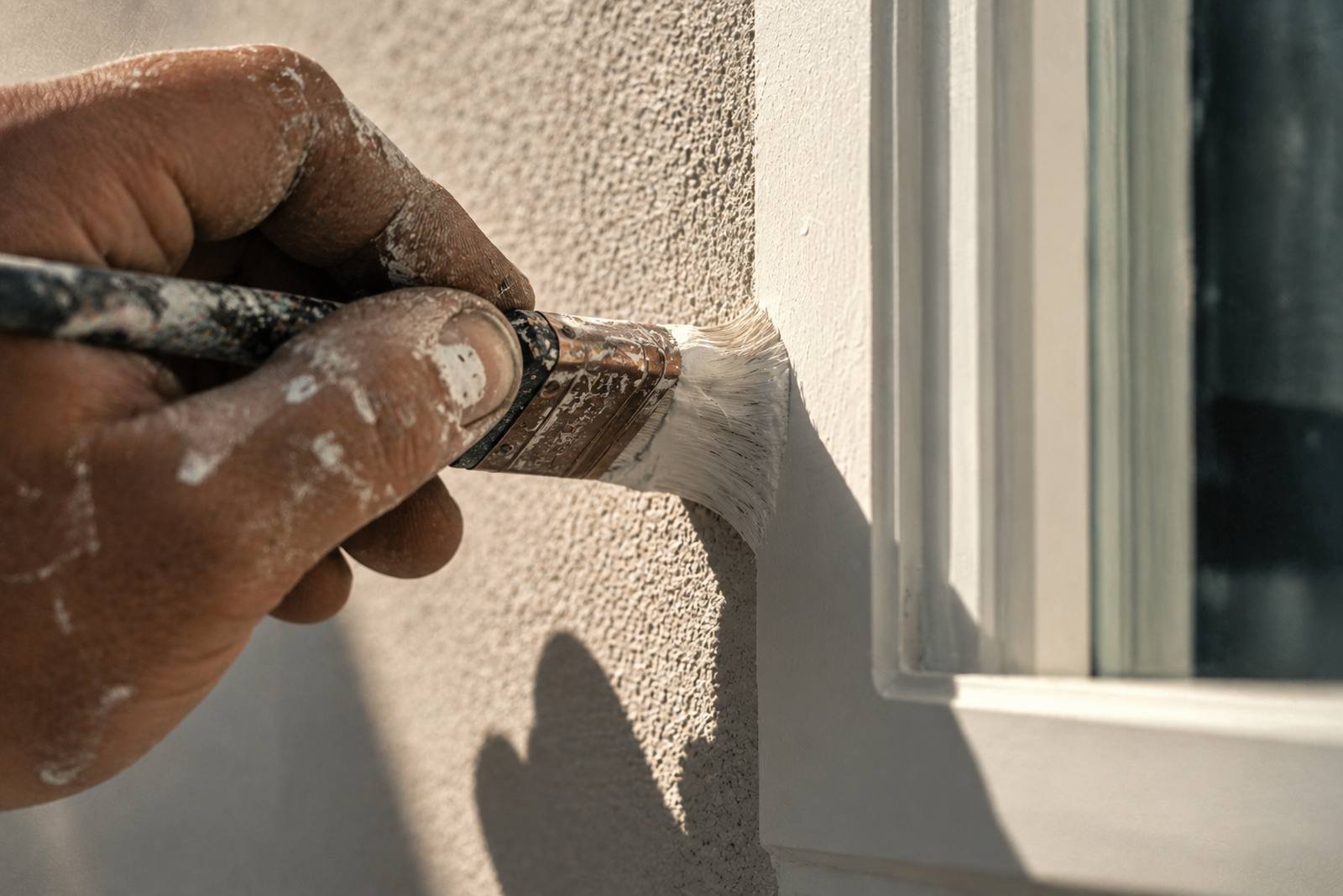 A paint-flecked hand drawing a brush along the edge of a window frame, cutting a clean line against rendered wall