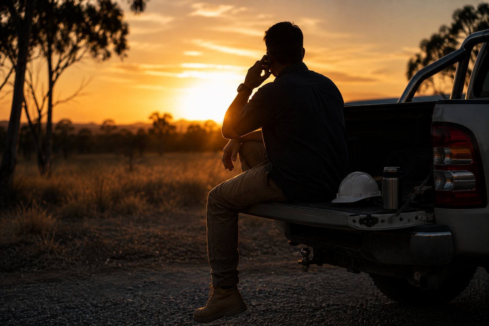 A tradesperson sitting on the open tailgate of a ute at dusk with a phone to his ear, dry paddock behind