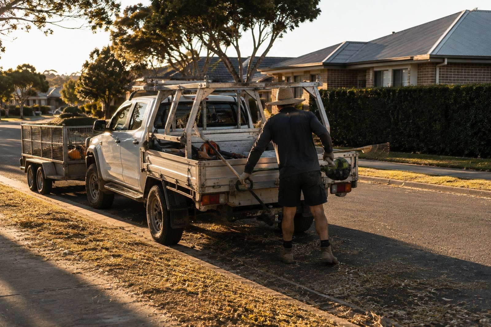 A landscaper unloading a whipper snipper from a ute towing a caged trailer at the kerb of a suburban street