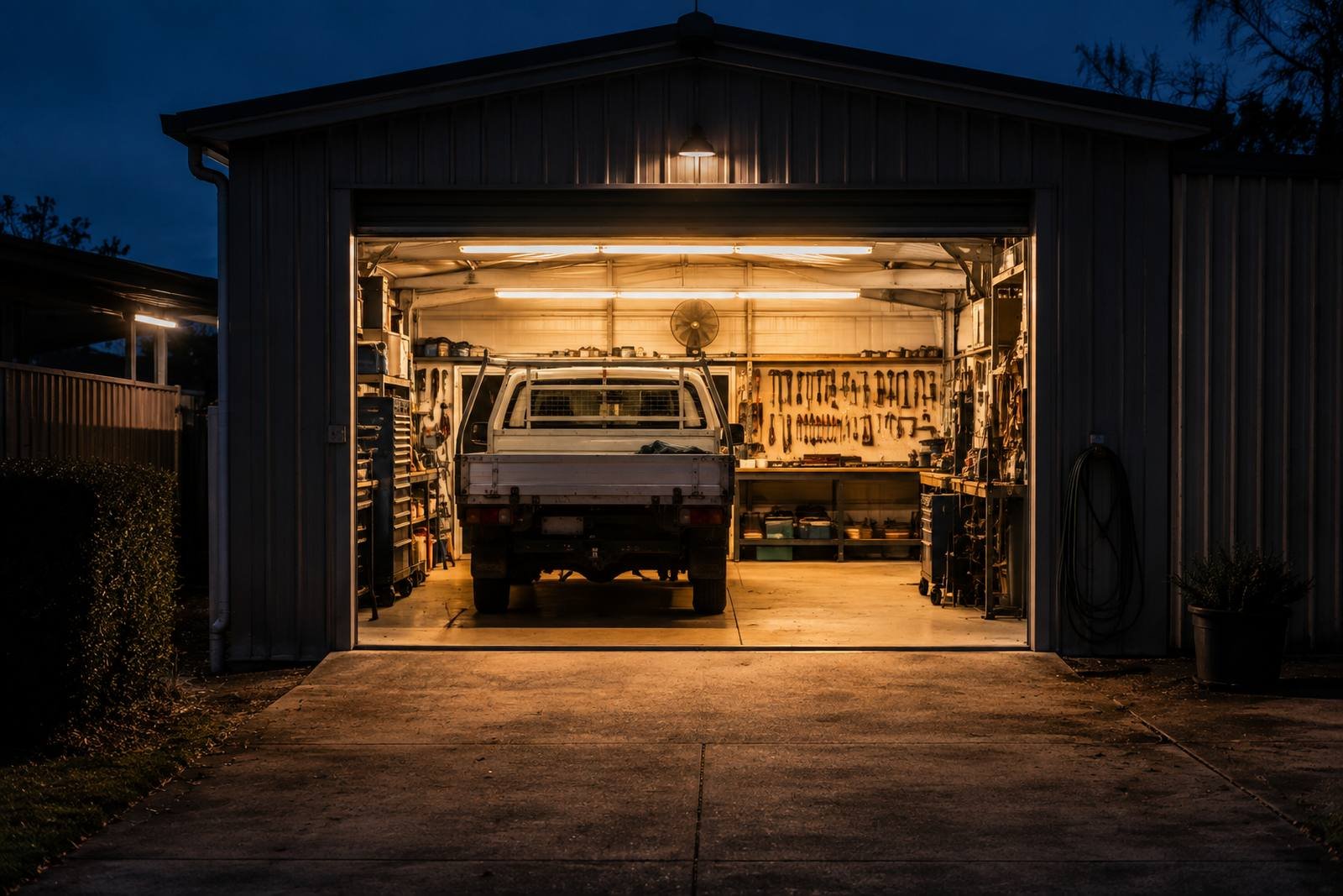 The open roller door of a small suburban trade workshop at dusk, warm light spilling onto the concrete apron