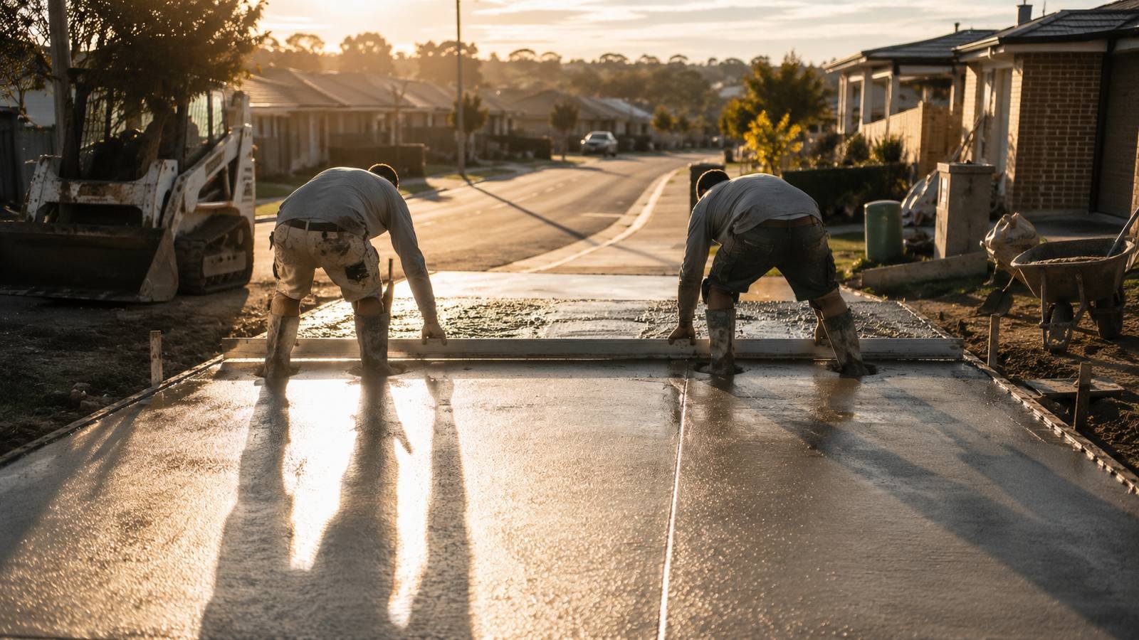Two concreters screeding a fresh residential driveway with a long straight-edge at sunrise, long shadows down the wet slab