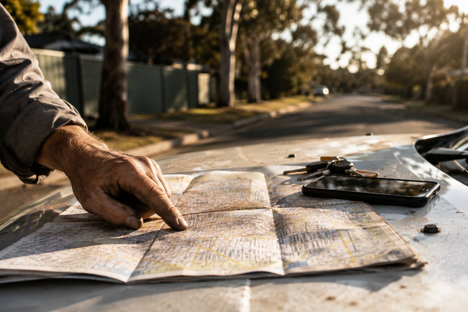 A weathered hand tracing a route across a folded paper street directory spread on the bonnet of a work ute