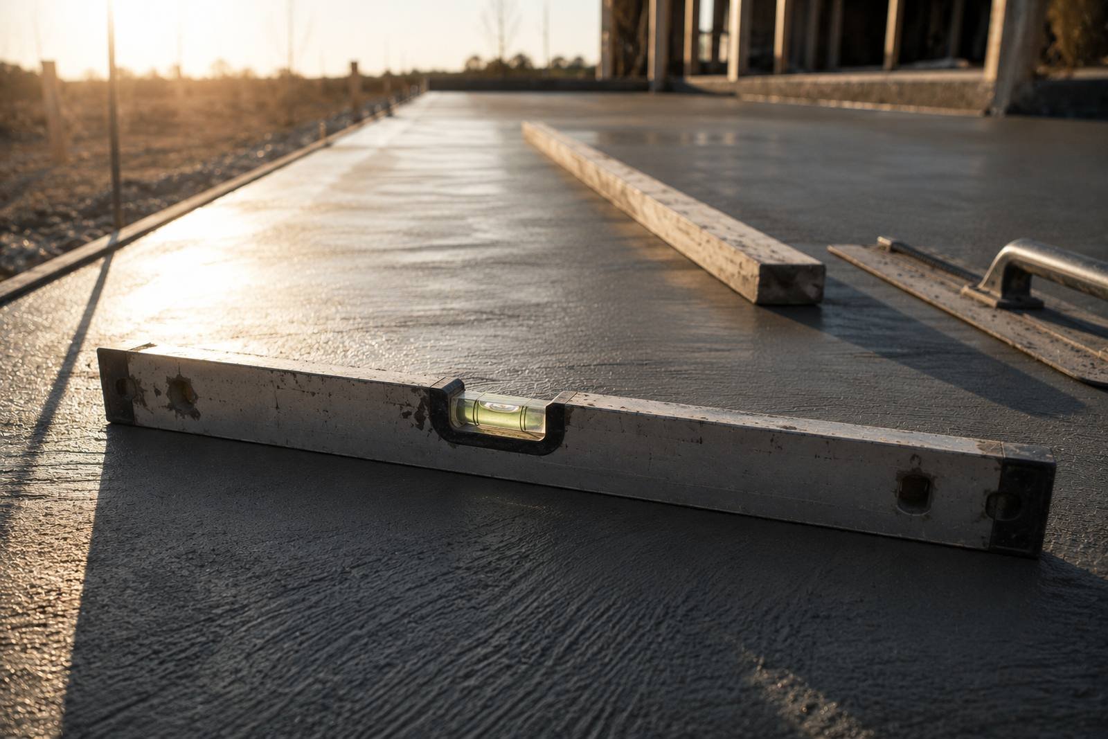 A spirit level resting on a freshly floated concrete slab, bubble centred, low sun raking across the surface