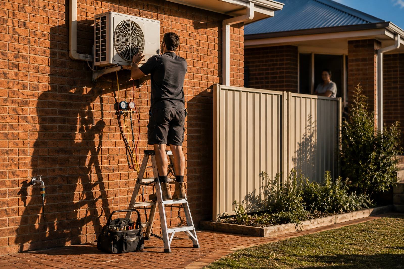An air-conditioning technician on a short ladder working at a split-system condenser mounted on a red brick wall