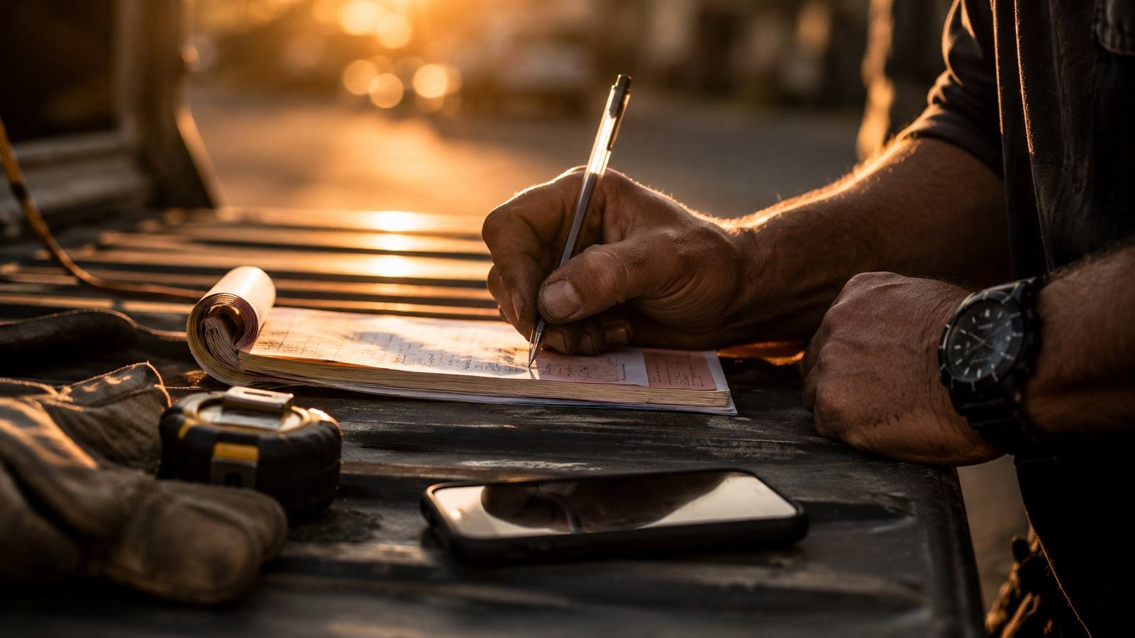 A tradesperson writing on a carbon docket book on the steel tailgate of a ute at the end of the day