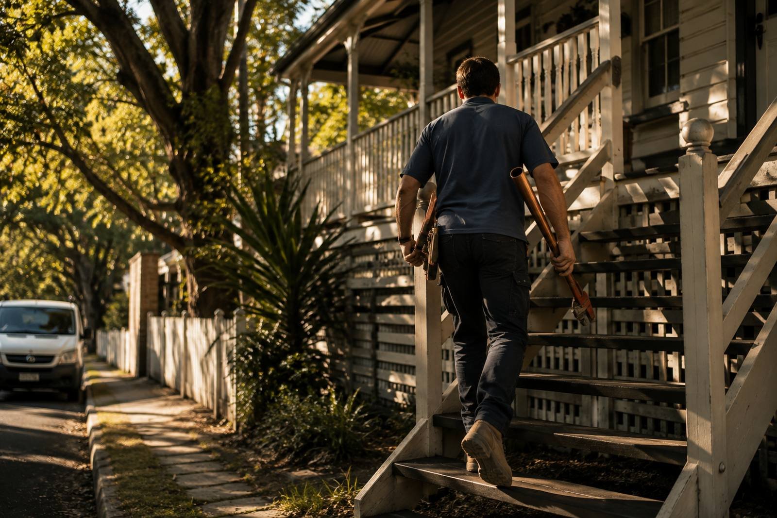 A plumber carrying a pipe wrench and copper up the front steps of a raised timber Queenslander