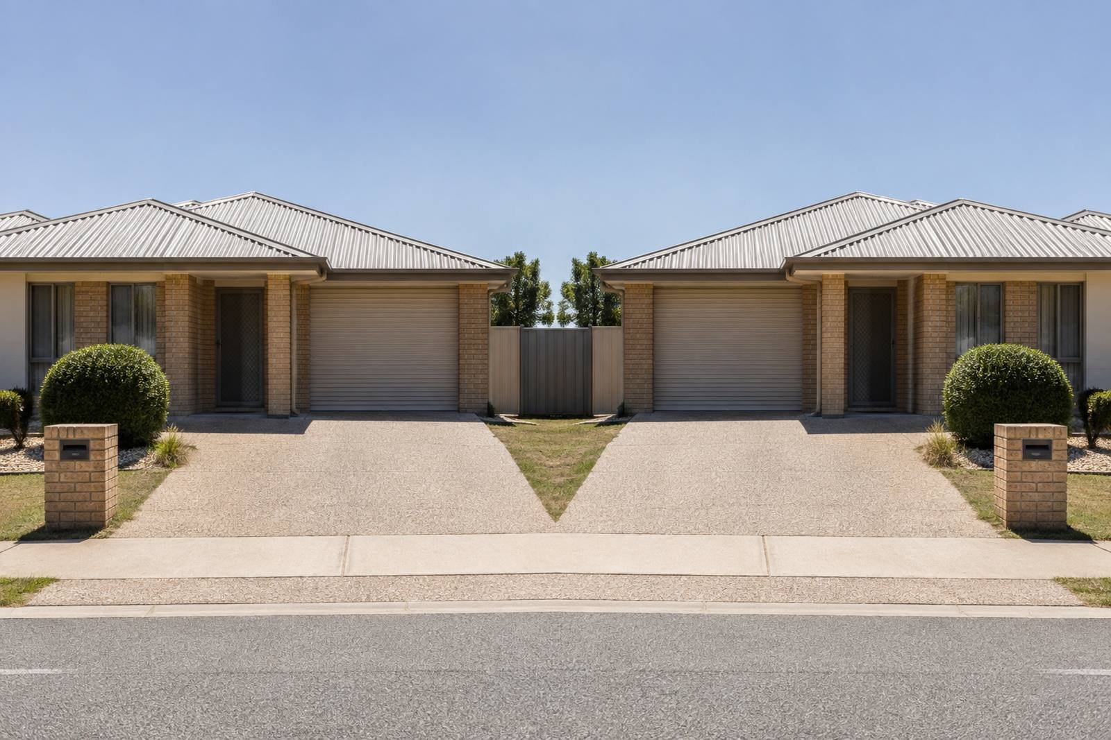 Two nearly identical brick veneer houses side by side on a suburban street, photographed dead level in harsh midday sun