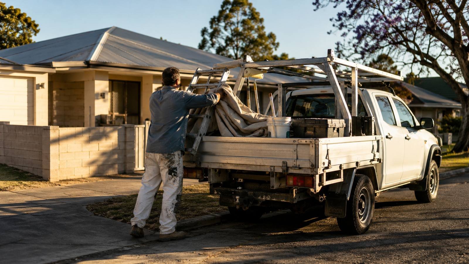 A house painter lifting a folded drop sheet and a stepladder onto the tray of a ute at the kerb, early morning sun