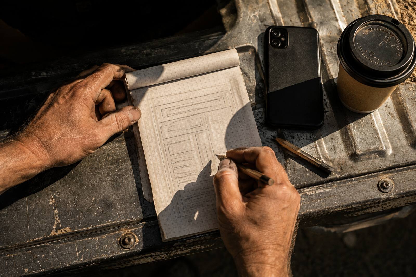 Two weathered hands sketching a rough page layout in pencil on a grid notepad on the open tailgate of a work ute
