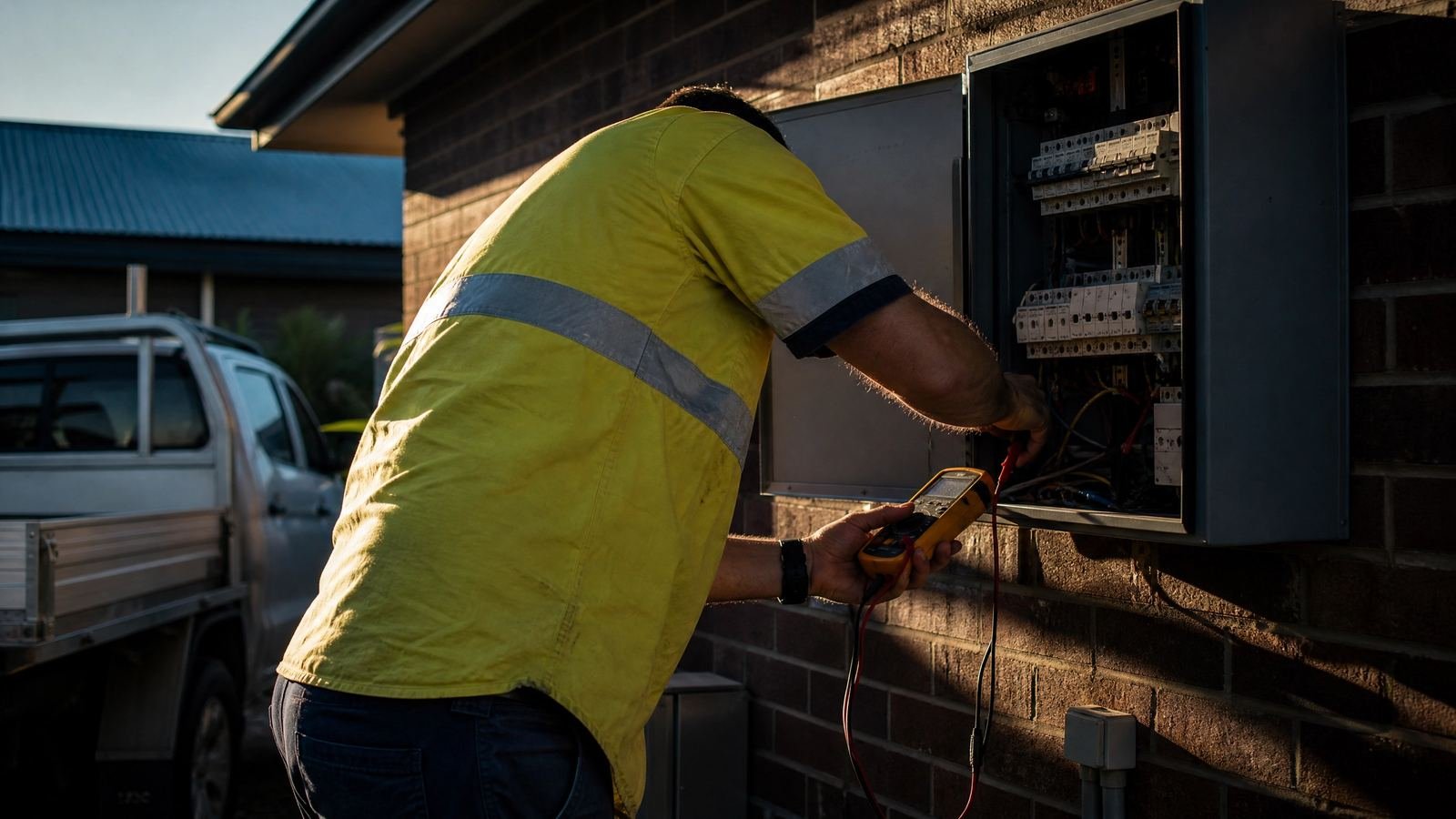 An electrician in a hi-vis shirt testing a switchboard with a multimeter beside a brick house