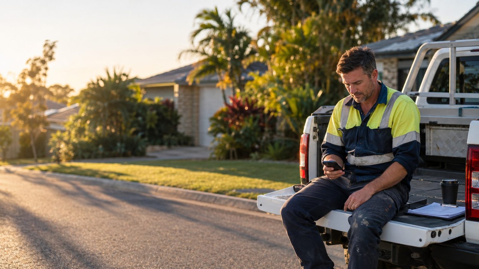 A tradie in a hi-vis shirt sitting on the tailgate of his ute in a suburban street at sunrise, checking his phone