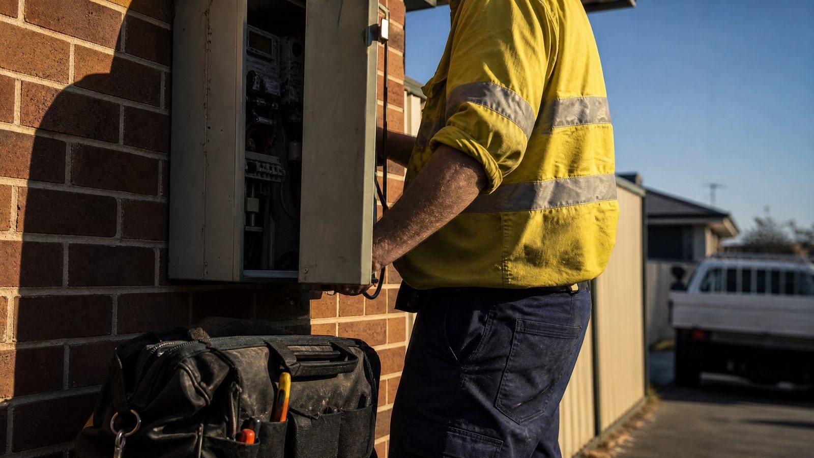 A tradesperson in a hi-vis shirt at an open meter box in daylight, tool bag on the ground and a work ute parked behind