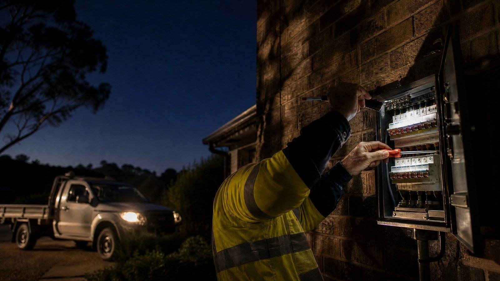 A tradesperson in hi-vis working inside an open meter box on a brick wall at night, work ute with its headlights on behind