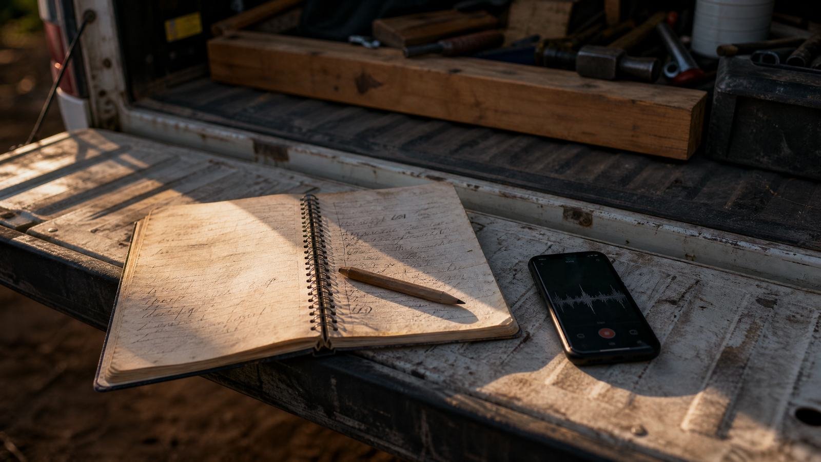 A notebook and pen open on a ute tailgate at the end of the day