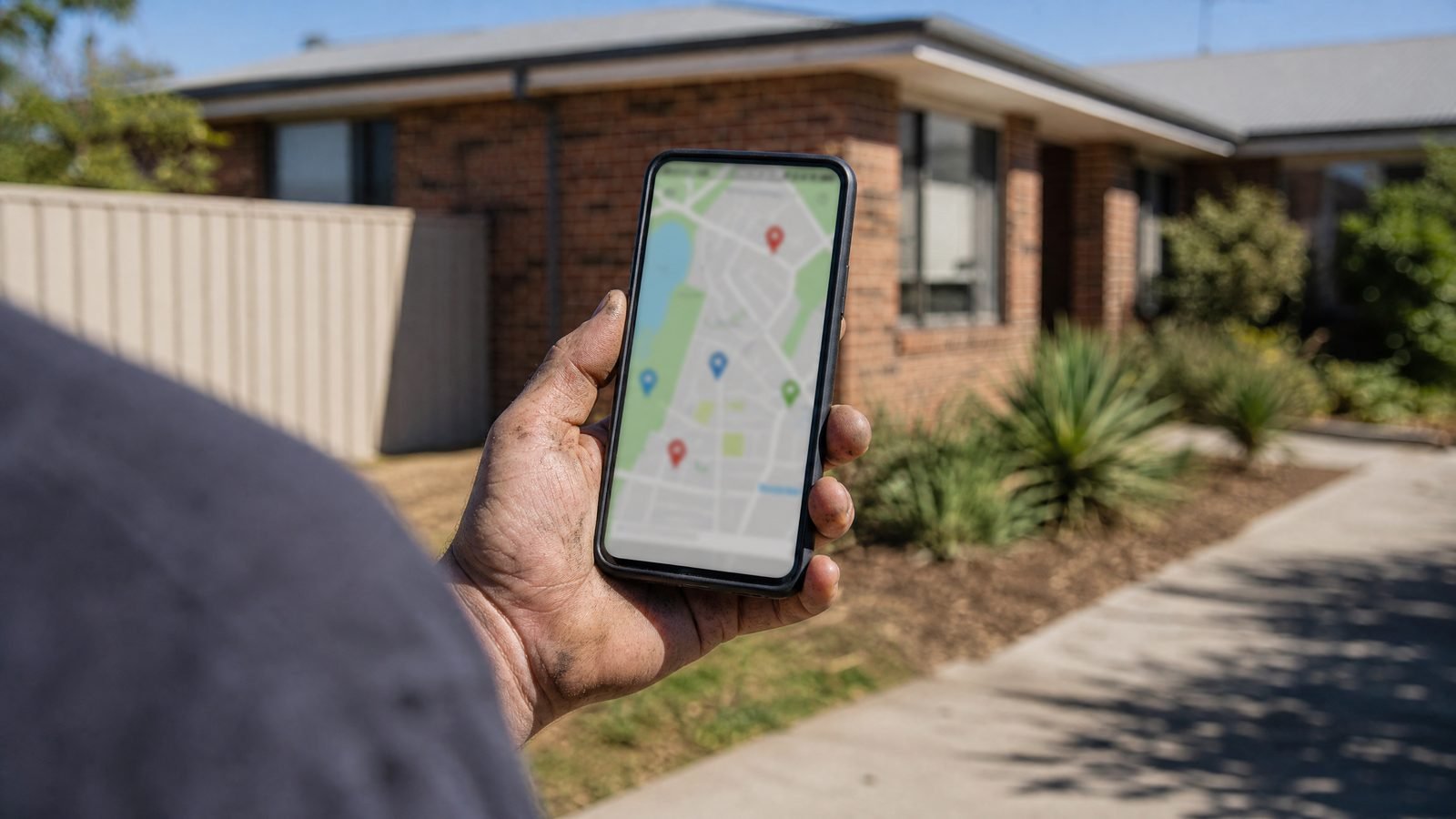 A working hand holding a phone showing a map with pins, standing on the footpath