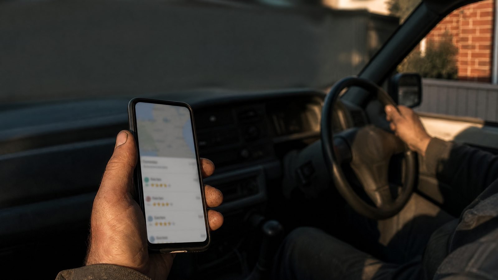 A hand holding a phone showing a list of star ratings, in the driver's seat of a work ute