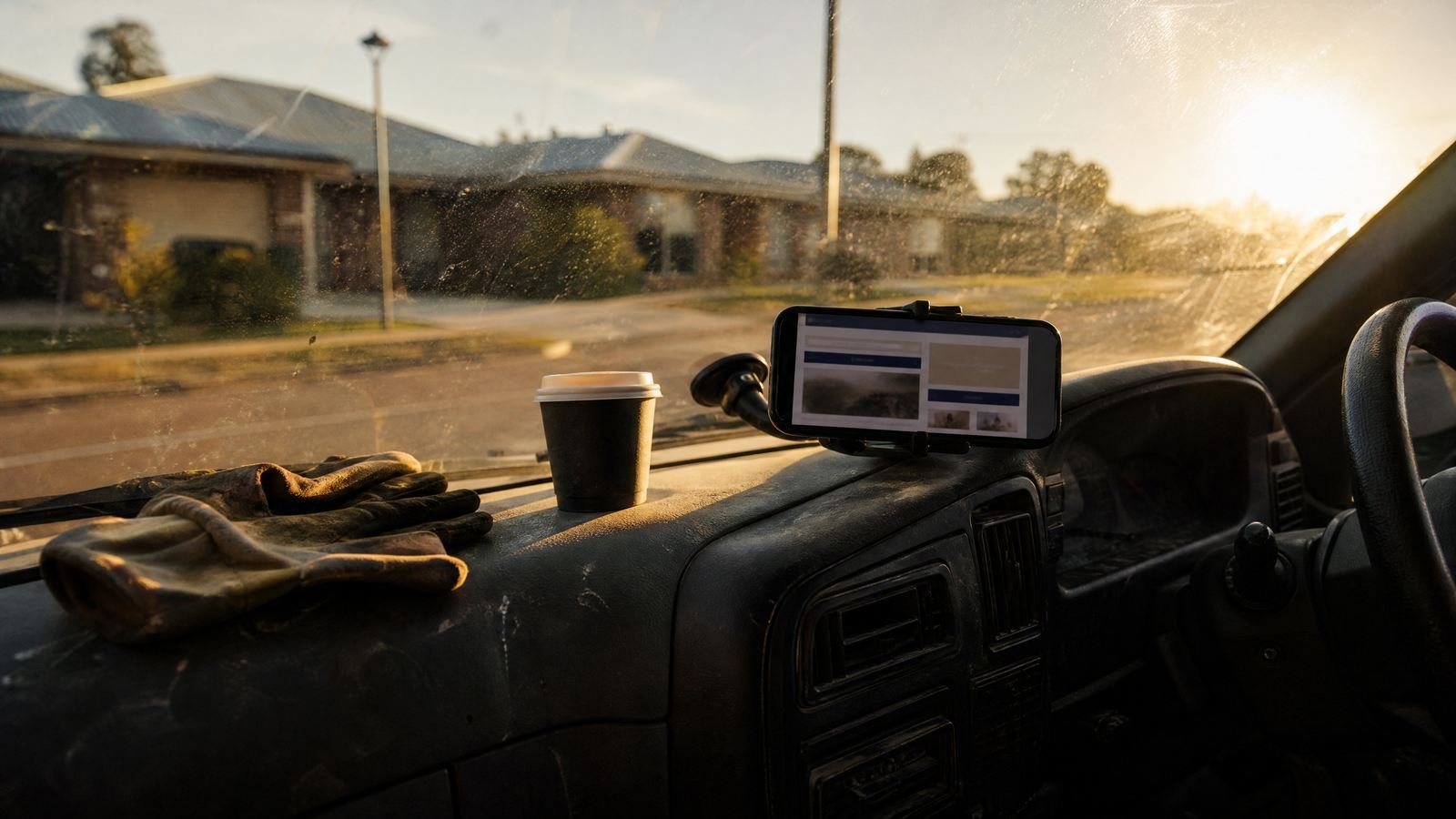 A phone clamped to the dashboard of a work ute at sunrise, a website open on it, gloves and a coffee on the dash