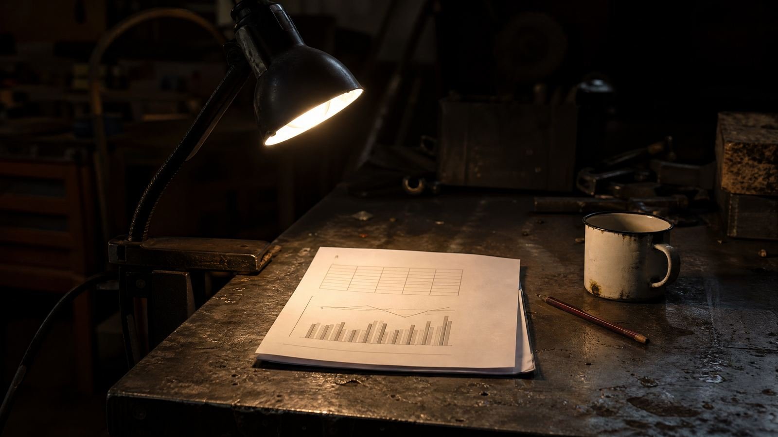 A stapled printed report on a steel workbench under a clamp light, an enamel mug and a carpenter's pencil beside it