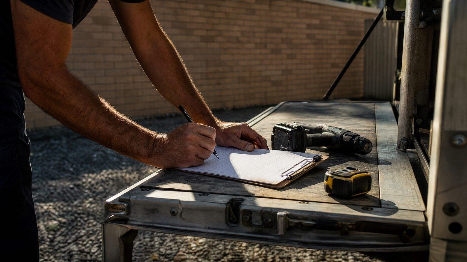 A hand writing a quote on a clipboard on a ute tailgate, cordless drill and tape measure beside it