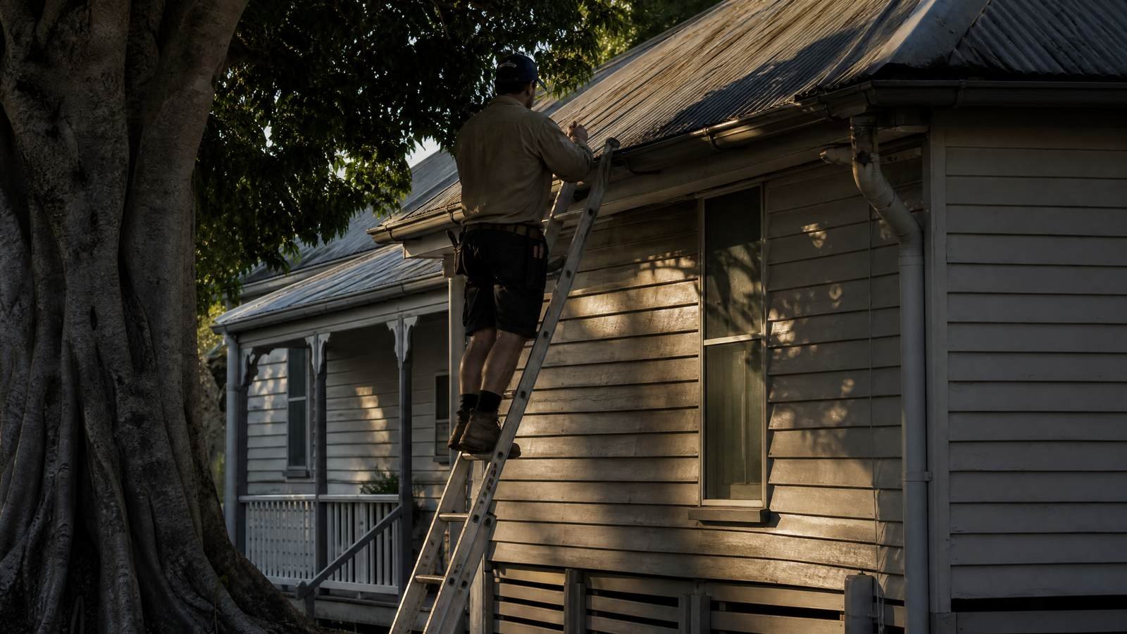 A tradesperson on an extension ladder working at the guttering of a weatherboard Queenslander