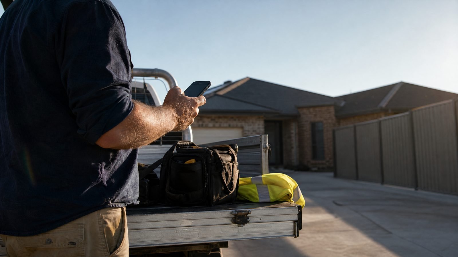 A tradesperson at the open tailgate of a work ute in a driveway, phone in hand, tool bag and hi-vis on the tray